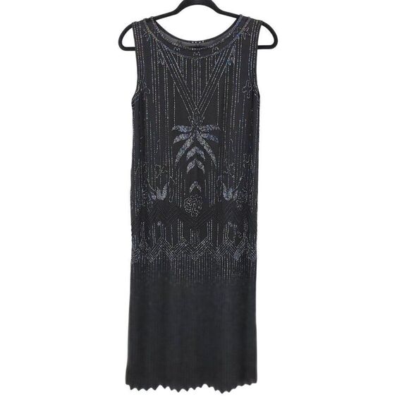 Vtg 80s Does 20s Black Oil Slick Beaded Silk Flapper Dress Sz M Great Gatsby - Picture 2 of 14